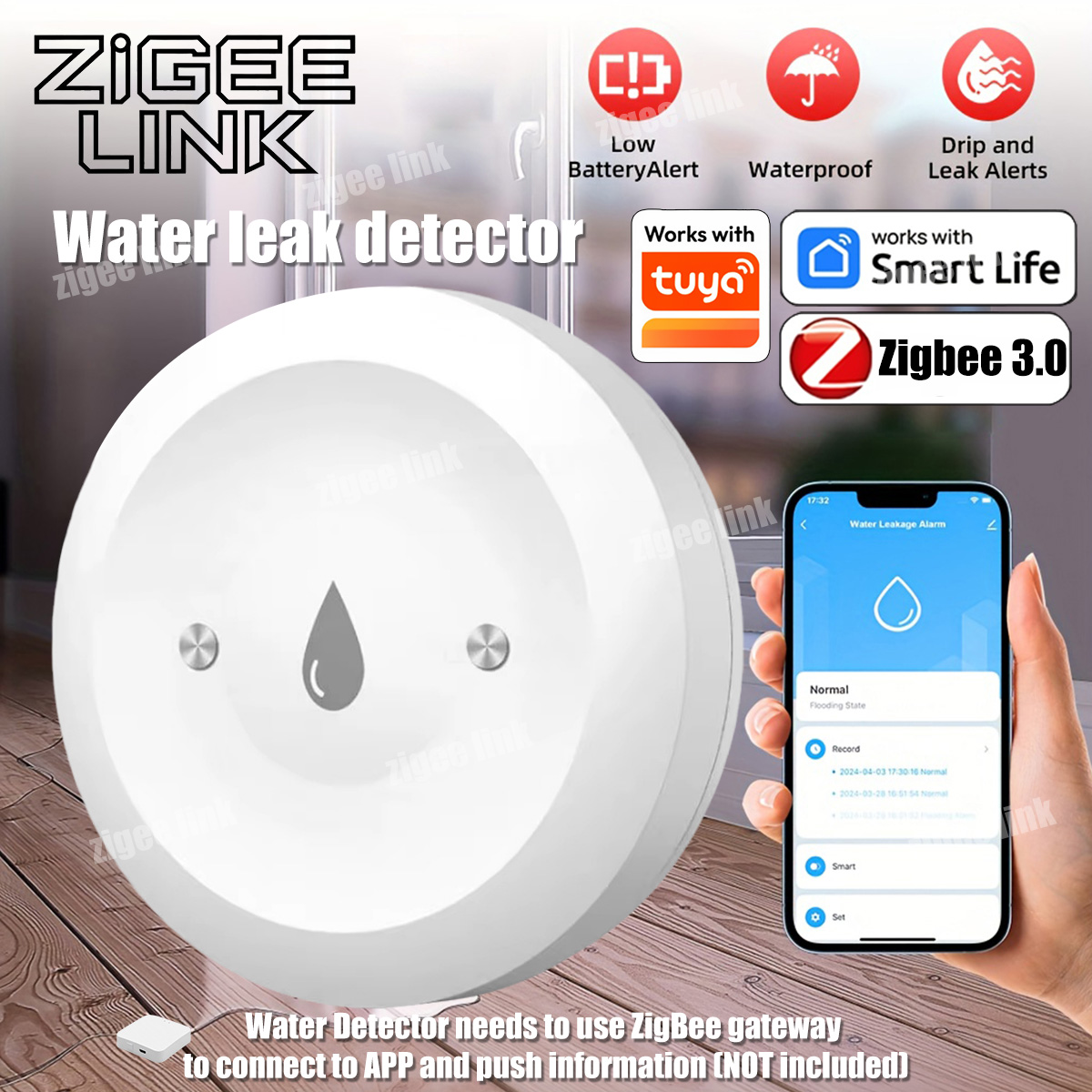 Smart Home Zentrale - Sensore d'Acqua ZigBee 3.0, Rilevatore Intelligente